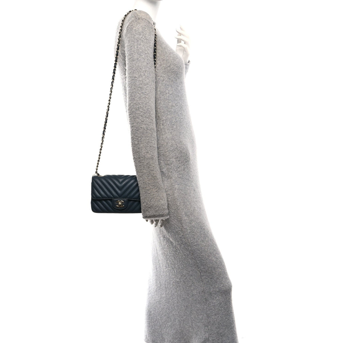 Lambskin Chevron Quilted Mini Rectangular Flap Dark Grey