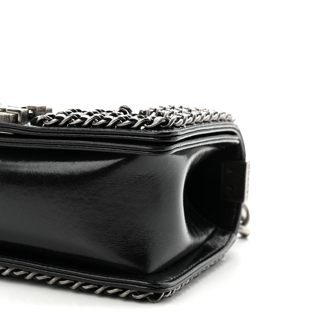 Glazed Calfskin Quilted Small Boy Chained Flap Black