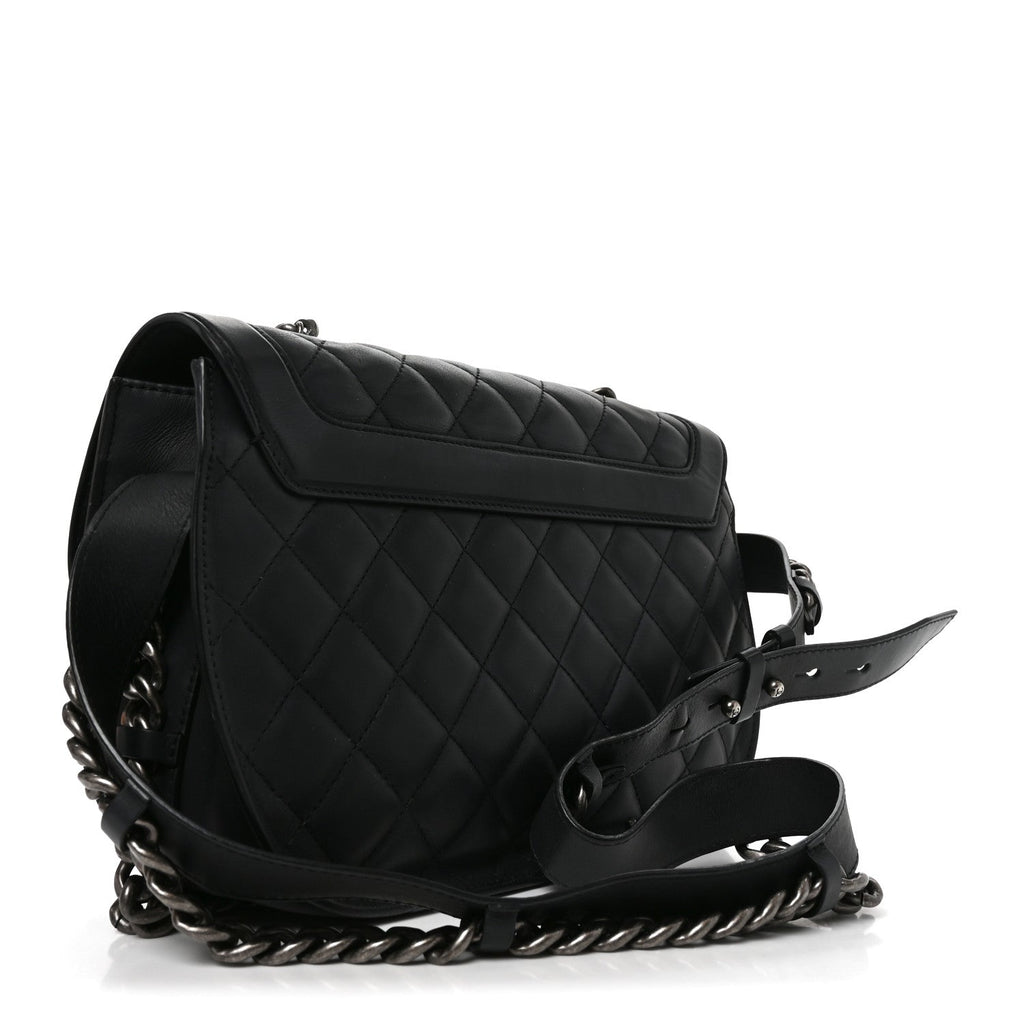 Calfskin Quilted Medium Double Chained Messenger Flap  Black