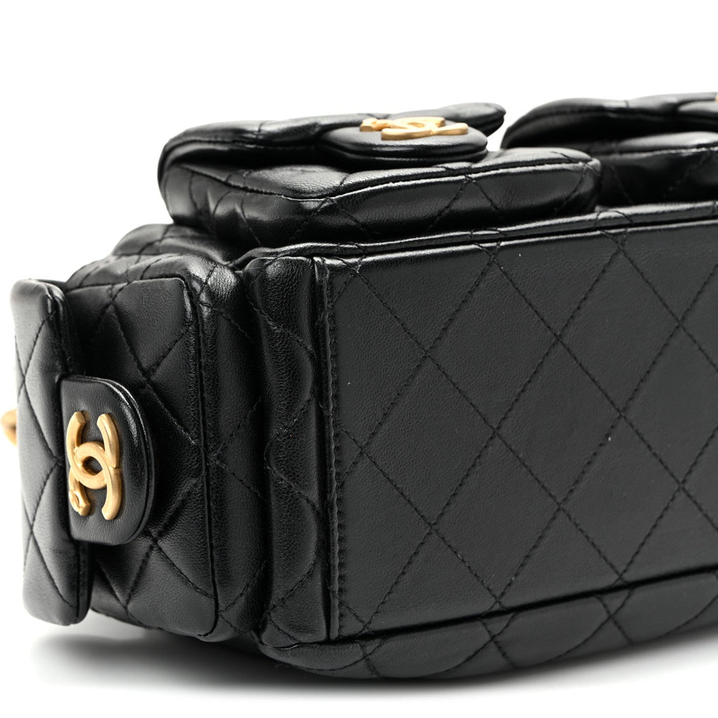 Shiny Lambskin Quilted Trendy Pockets Hobo Black