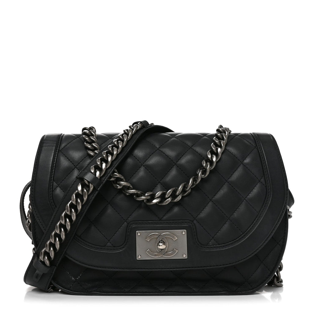 Calfskin Quilted Medium Double Chained Messenger Flap  Black