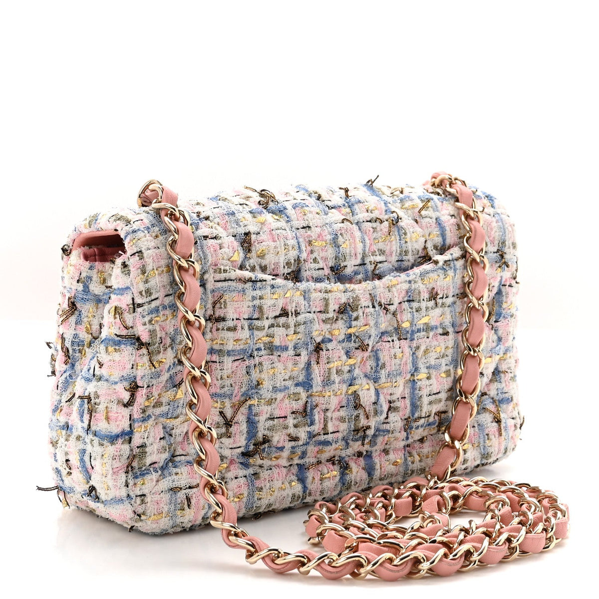 Tweed Quilted Mini Rectangular Flap Light Blue Pink Gold White